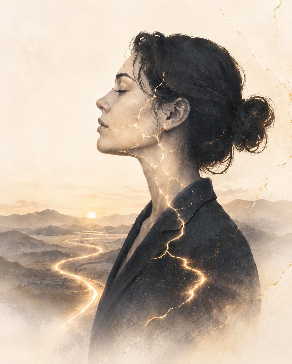 Illustration kintsugi d'une trajectoire professionnelle qui se répare et s'éclaire