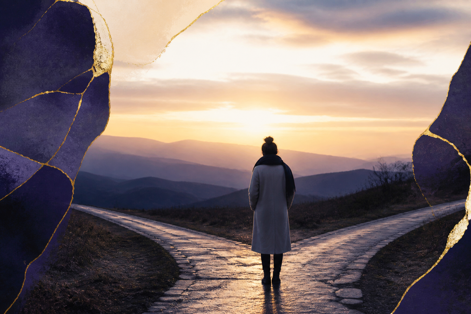Un chemin poétique se divisant doucement au lever du soleil avec des touches dorées