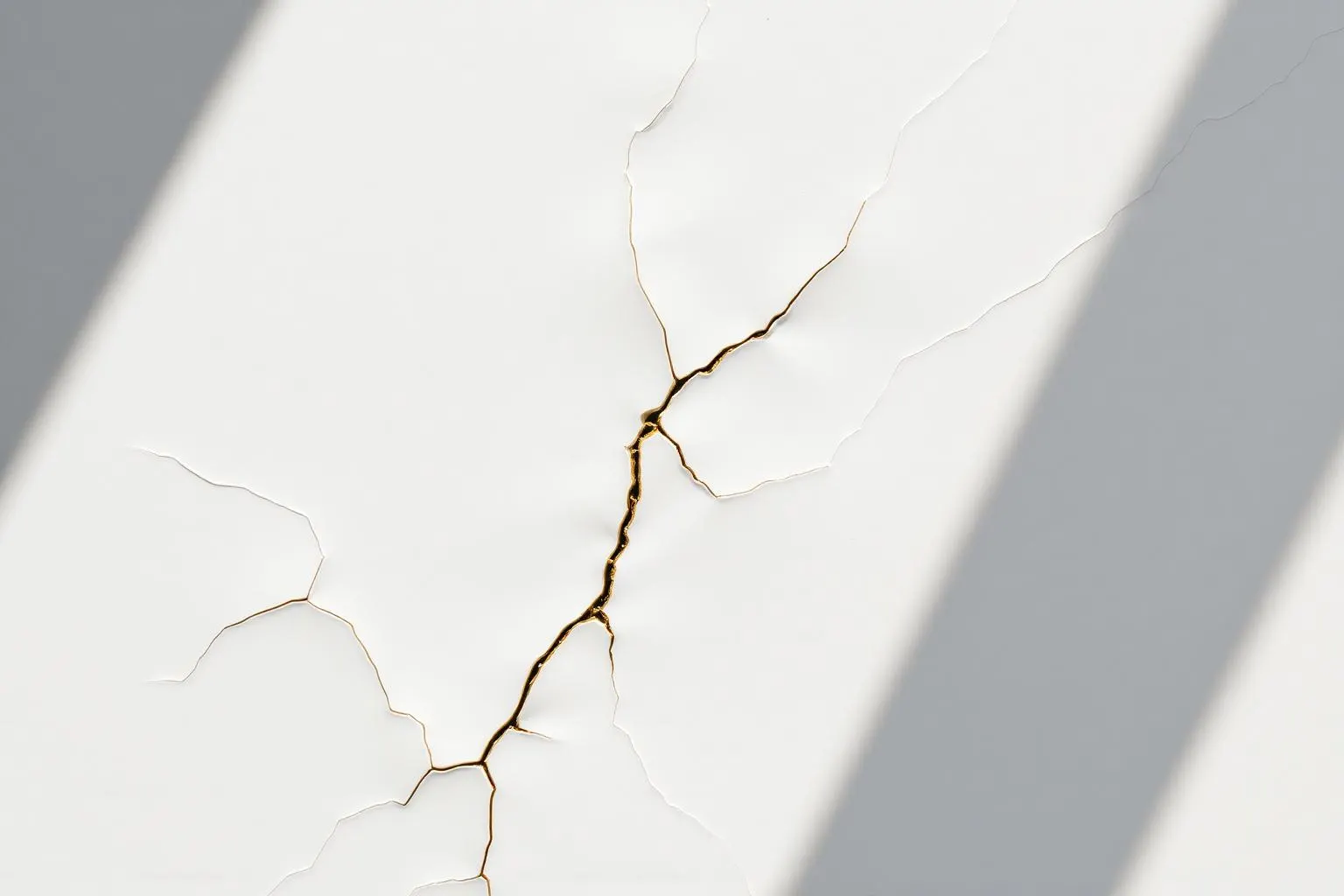 Surface ivoire fissurée réparée de lignes dorées, symbole d'une carrière qui craque